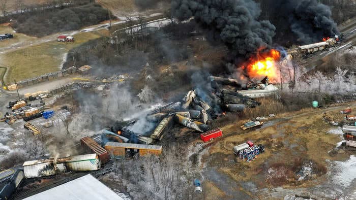 A burning, derailed train carrying toxic chemicals in Ohio could explode and send 'deadly shrapnel' flying through the air up to a mile away, authorities warn