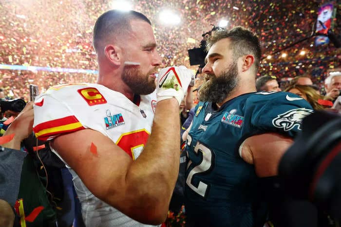 Jason Kelce lingered on the field to watch his brother, Travis, and the Chiefs hoist the Super Bowl trophy