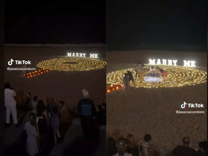 A viral TikTok captured the moment a public marriage proposal on the beach went awry when the boyfriend dropped the ring in the sand