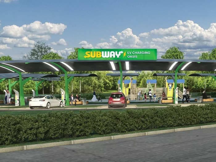 Subway envisions an oasis where diners can picnic and play while charging their cars