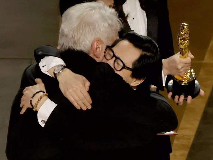 Ke Huy Quan and his 'Indiana Jones' costar Harrison Ford shared a hug after 'Everything Everywhere All at Once' won best picture