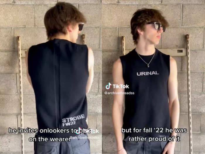 A fashion TikToker is selling a Rick Owens vest with the word 'urinal' on it for $425 and viewers aren't sure how they feel about it