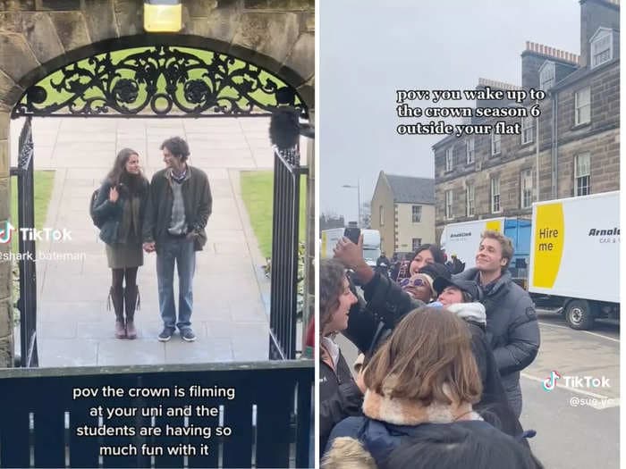 College students in Scotland are sharing behind-the-scenes glimpses of 'The Crown' season 6 as actors film university scenes on campus