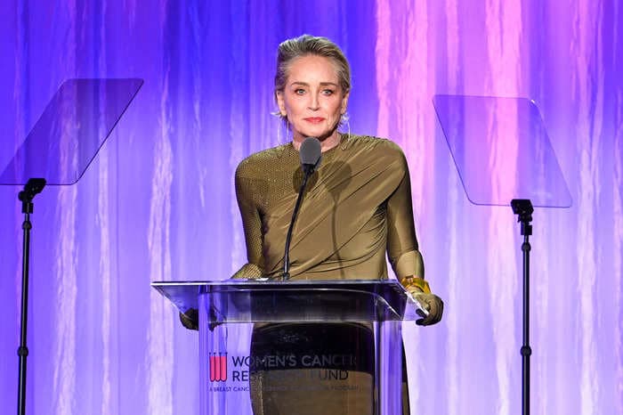 Sharon Stone says she 'lost half of my money to this banking thing' during a teary-eyed speech at a charity fundraiser