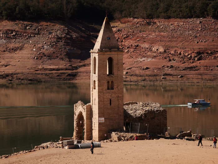 A  drowned 1,000-year-old church has reemerged from below the waters of a reservoir due to severe drought