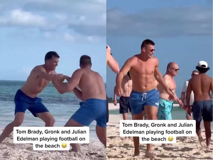 Tom Brady, Gronk, and Julian Edelman channel 'Top Gun: Maverick' during beach football game