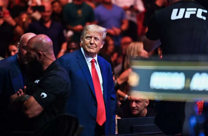 Trump greeted with prolonged applause when he made a surprise appearance at UFC 287 with Mike Tyson and Kid Rock