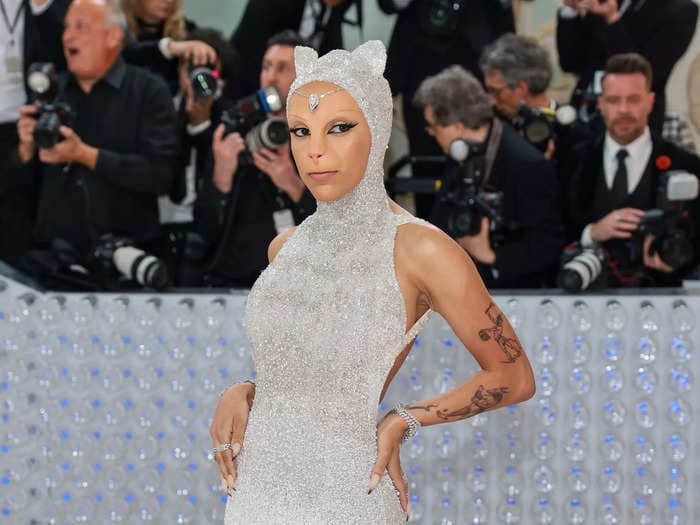 Doja Cat channels Karl Lagerfeld's iconic cat Choupette at the Met Gala &mdash; complete with feline prosthetics