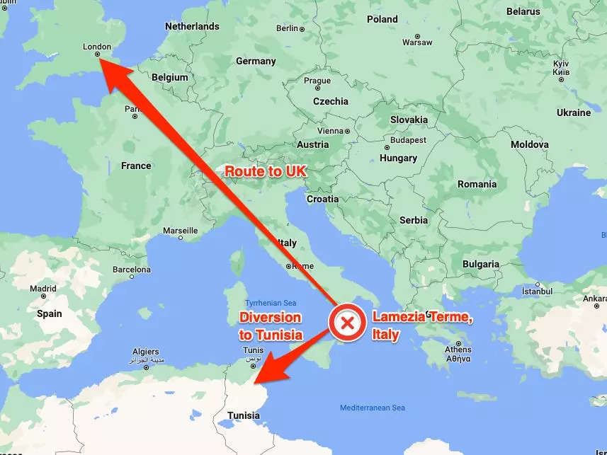 Passengers flying from Italy to the UK took a detour to northern