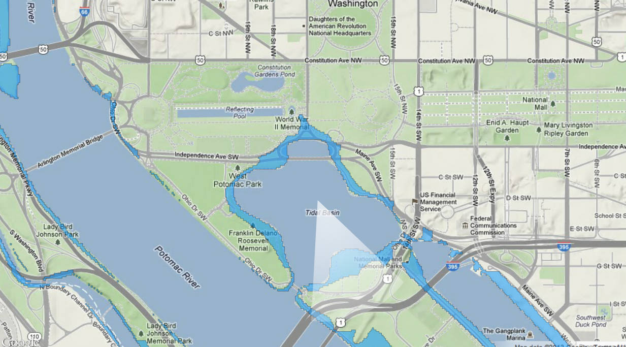 A map of Jefferson Memorial in 100 years if sea level rises 5 feet ...