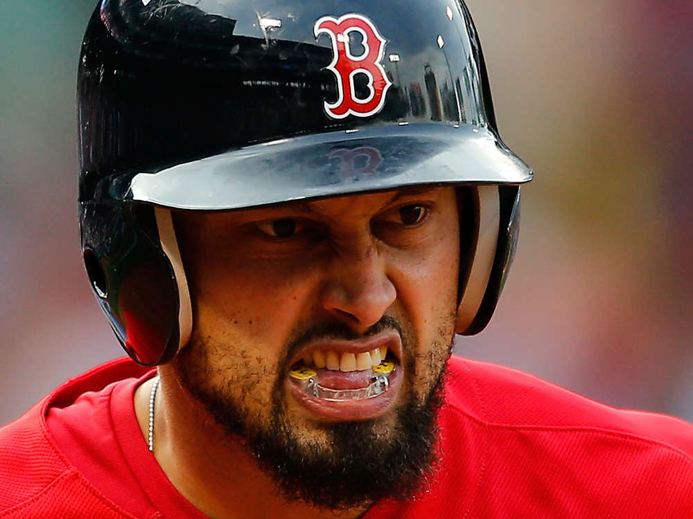 That Beard!!! Boston Red Sox's Mike Napoli watches batting