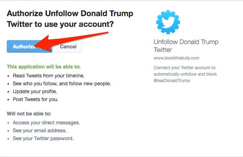 Once They Authorize The App It Automatically Un Follows Trump And Blocks Him Meaning They Won T See Any Of His Tweets On Their Feeds And He Can T Reply Or Dm Them Business