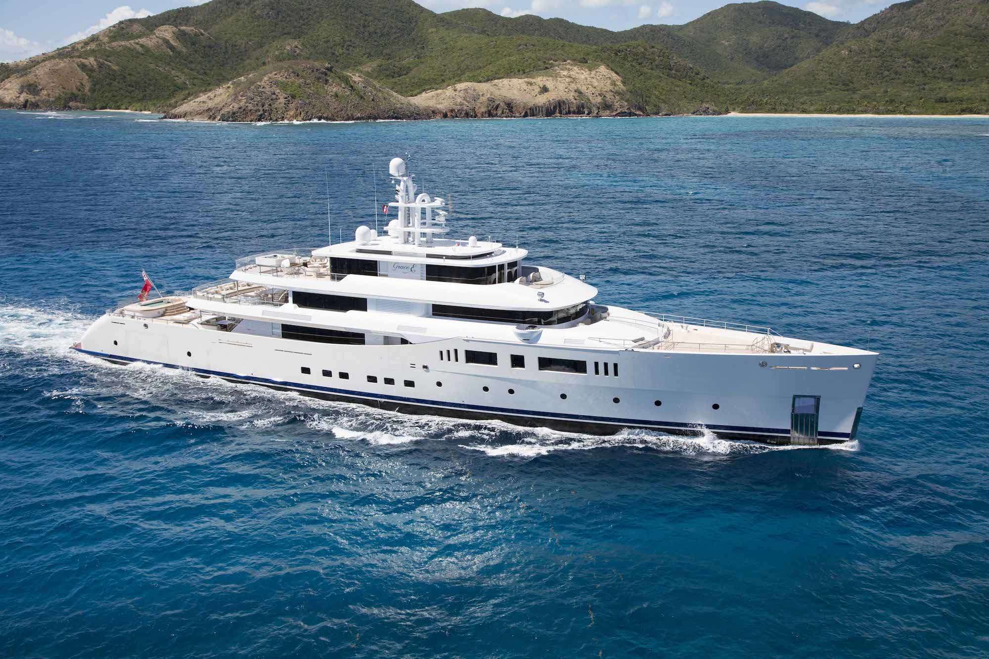 Built by Perini Navi, the Grace E superyacht measures about 240 feet ...