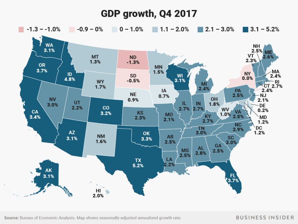 6 maps showing the unemployment rate, GDP, and wage growth in every ...