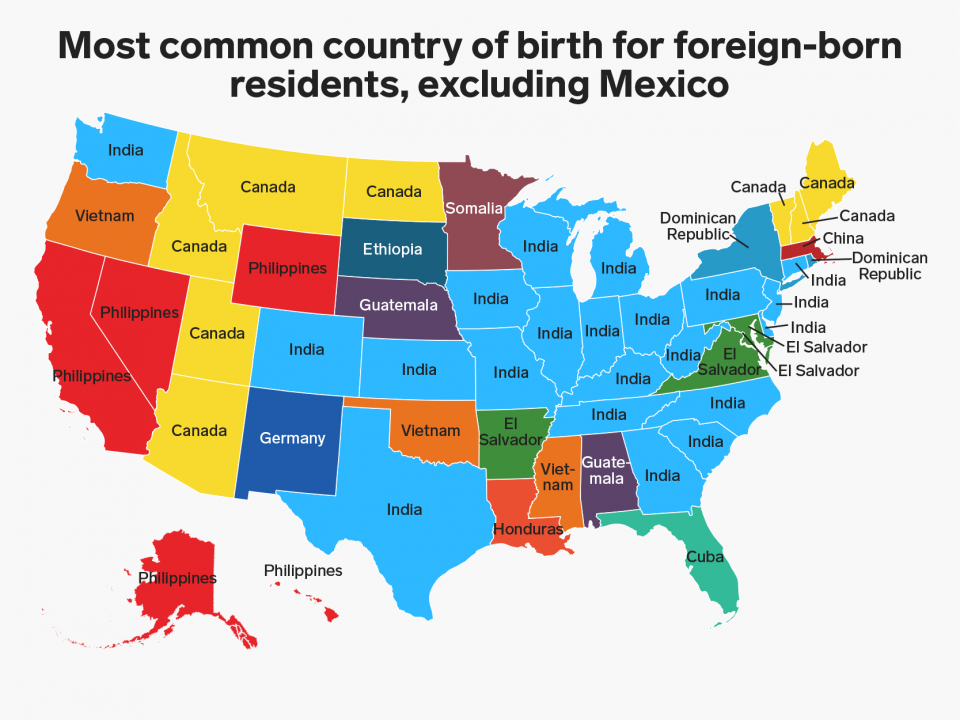 This map shows where each state's largest immigrant group ...