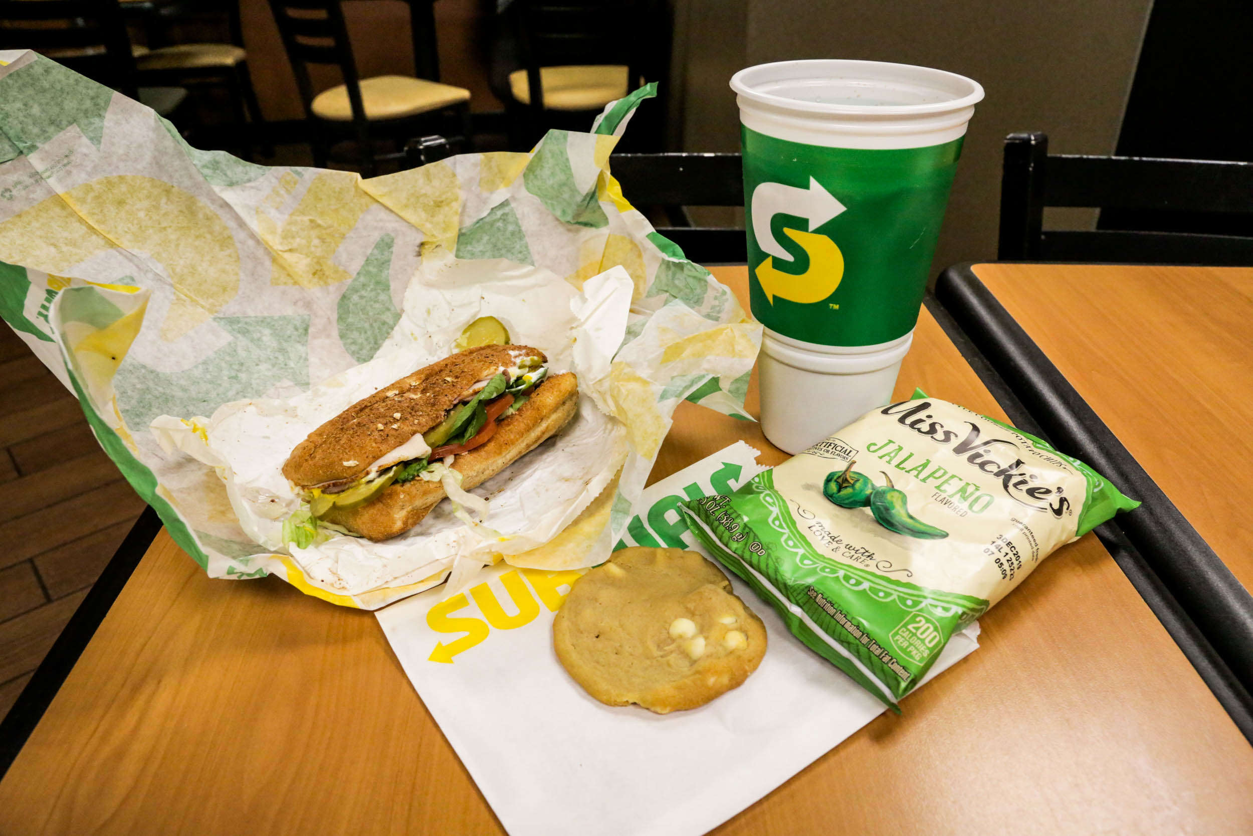 My meal at Subway consisted of a six-inch sub, a bag of chips, a ...