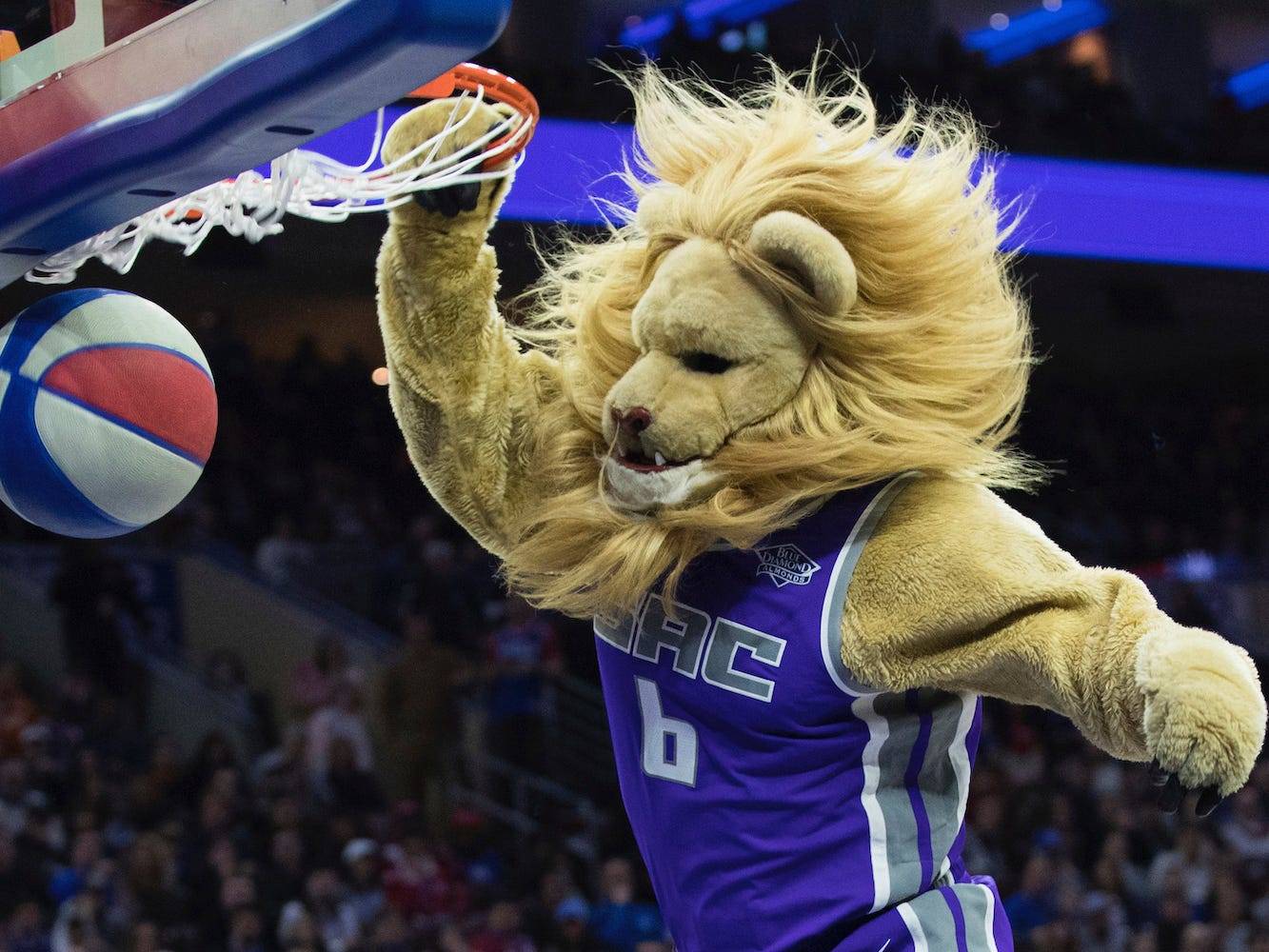 Slamson the Lion, the Sacramento Kings mascot, in action against