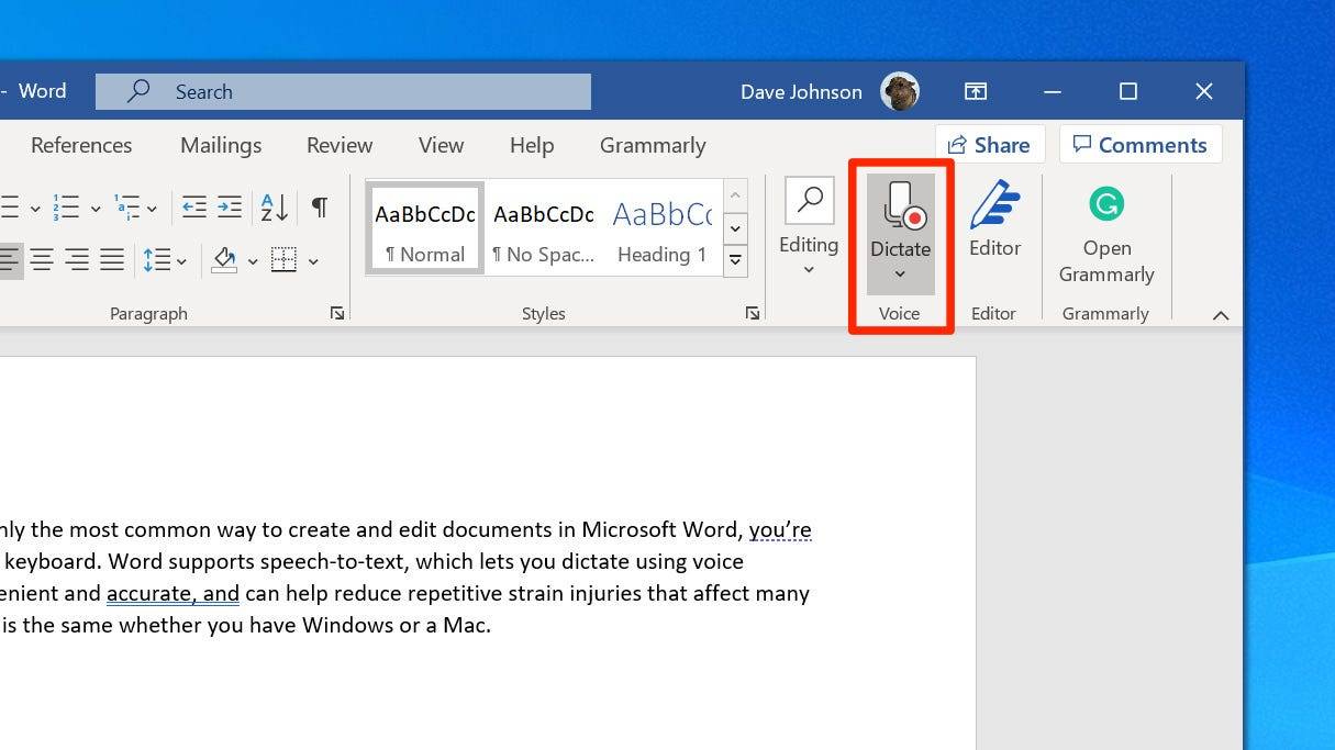 microsoft word dictation commands