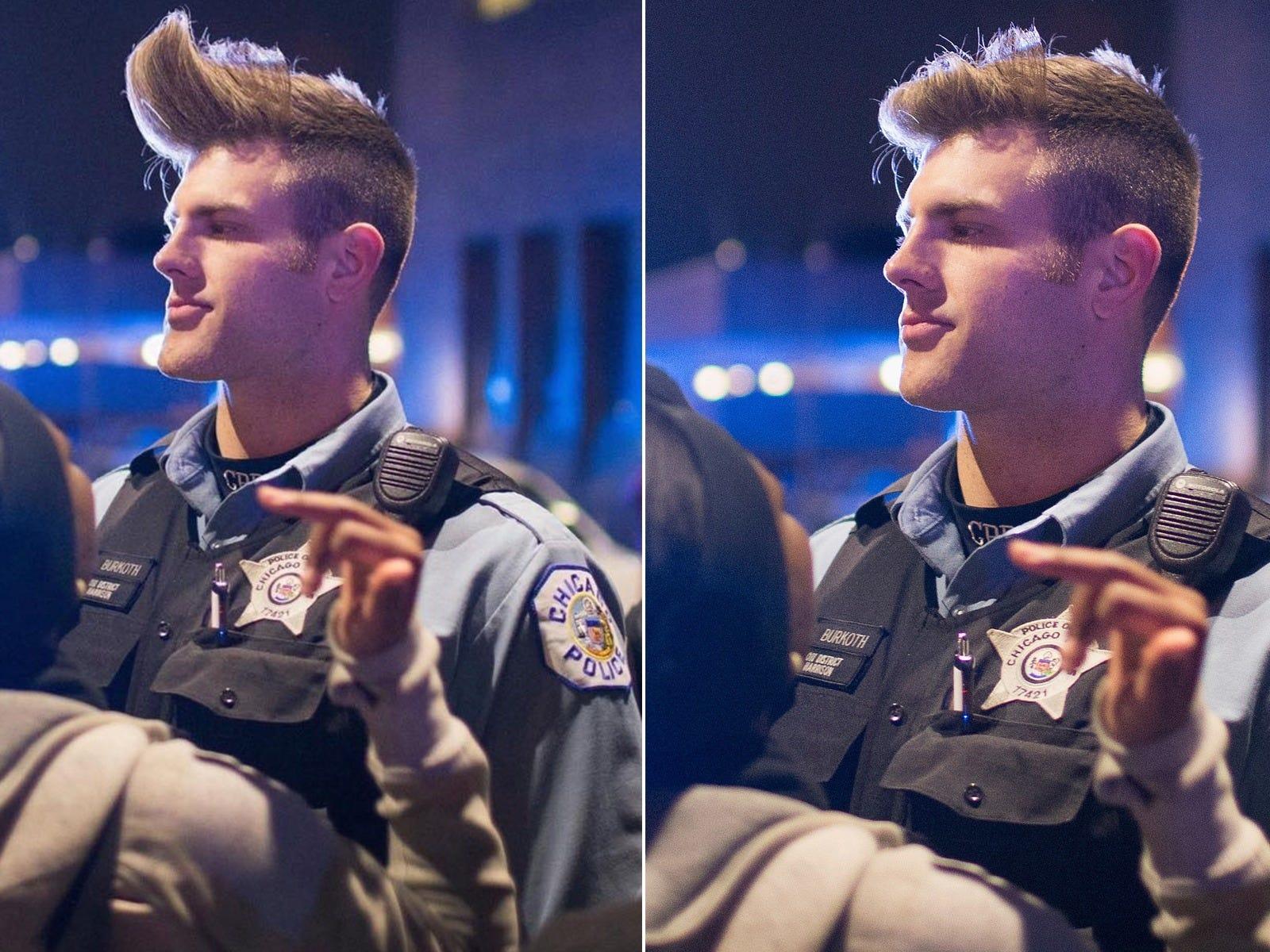 A viral photo of a 'Chad Cop' with an exaggerated hairstyle was