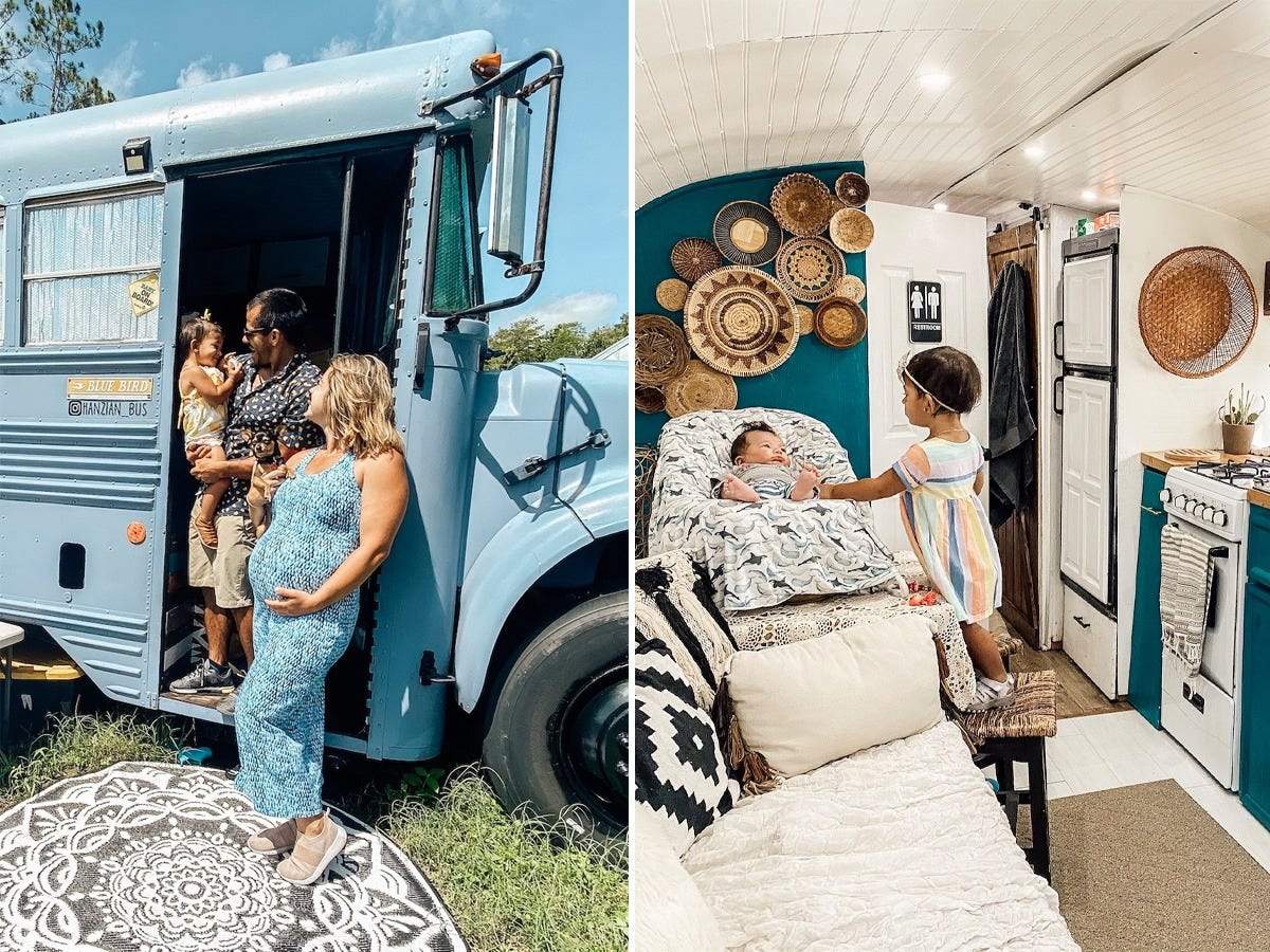 A couple lives in a 187-square-foot school bus with 2 kids and a dog ...