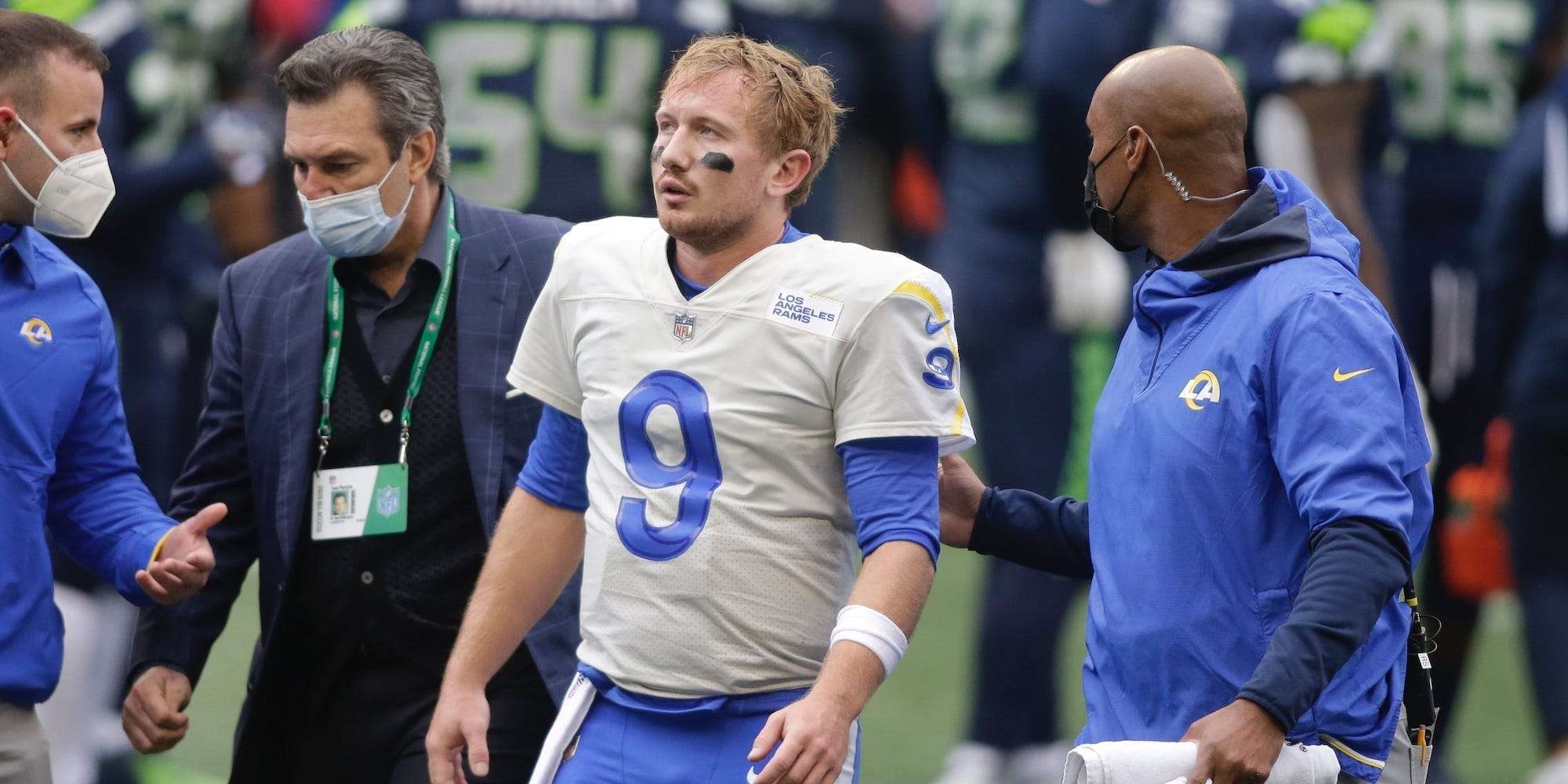 Los Angeles Rams quarterback John Wolford during warmups before an