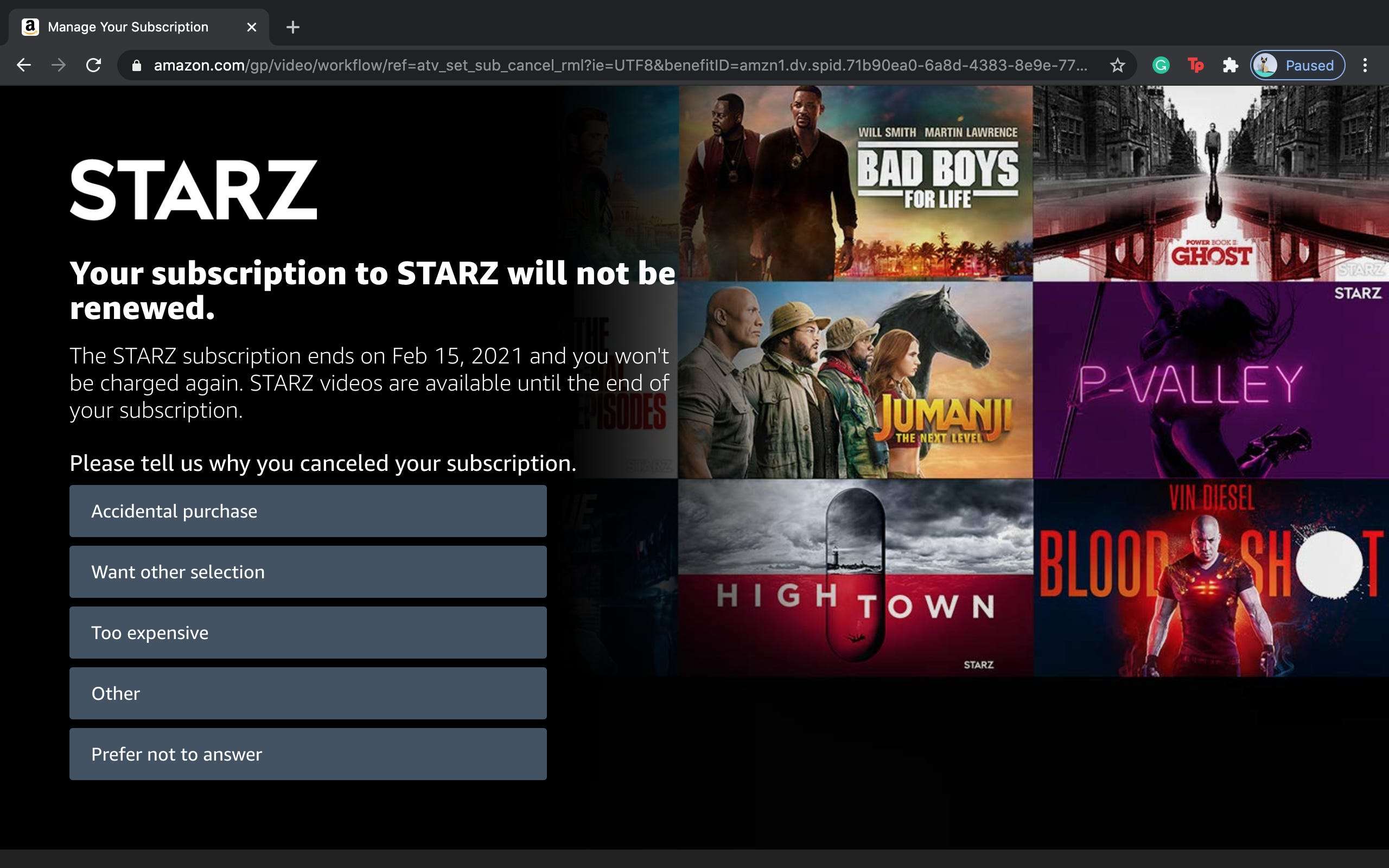 Cancel starz 2024 membership amazon