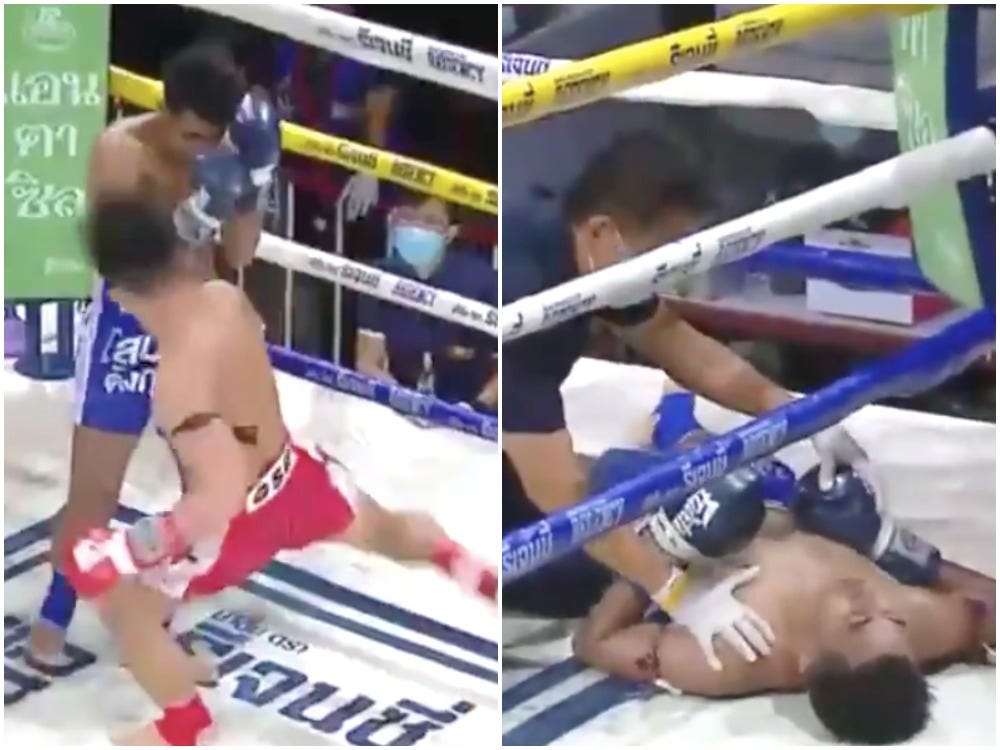 A Muay Thai fighter was knocked out after a brutal kick to the leg