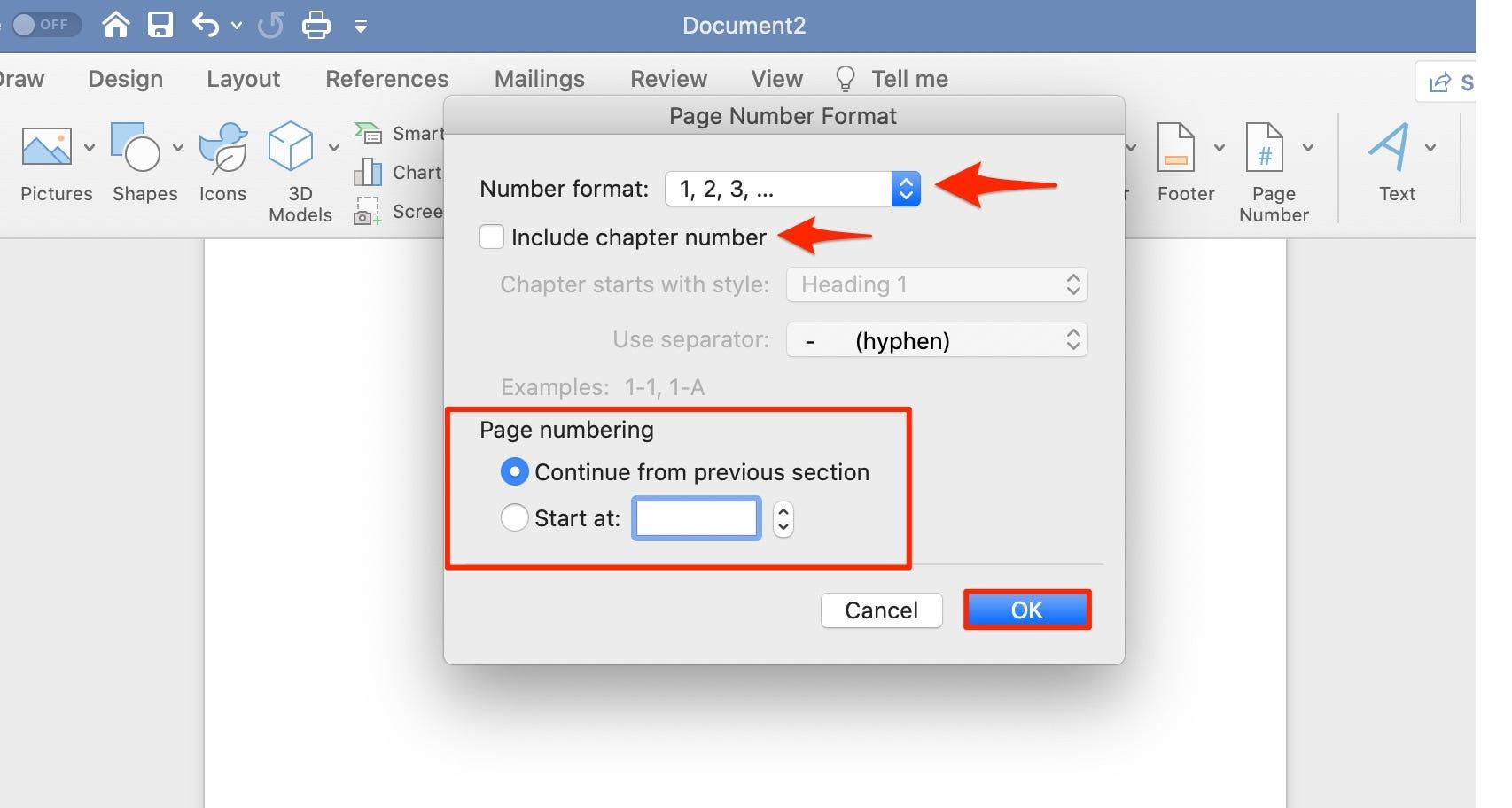 how to customize page numbers in word mac