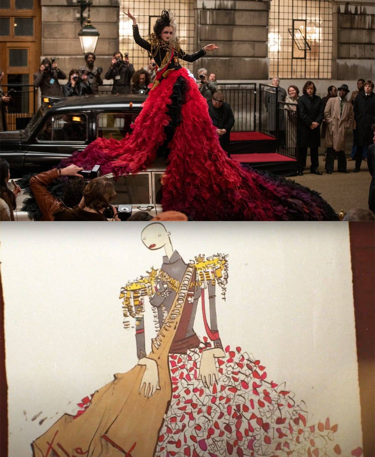 See sketches of the jaw-dropping looks from 'Cruella' that helped bring  Disney's notorious villain to life