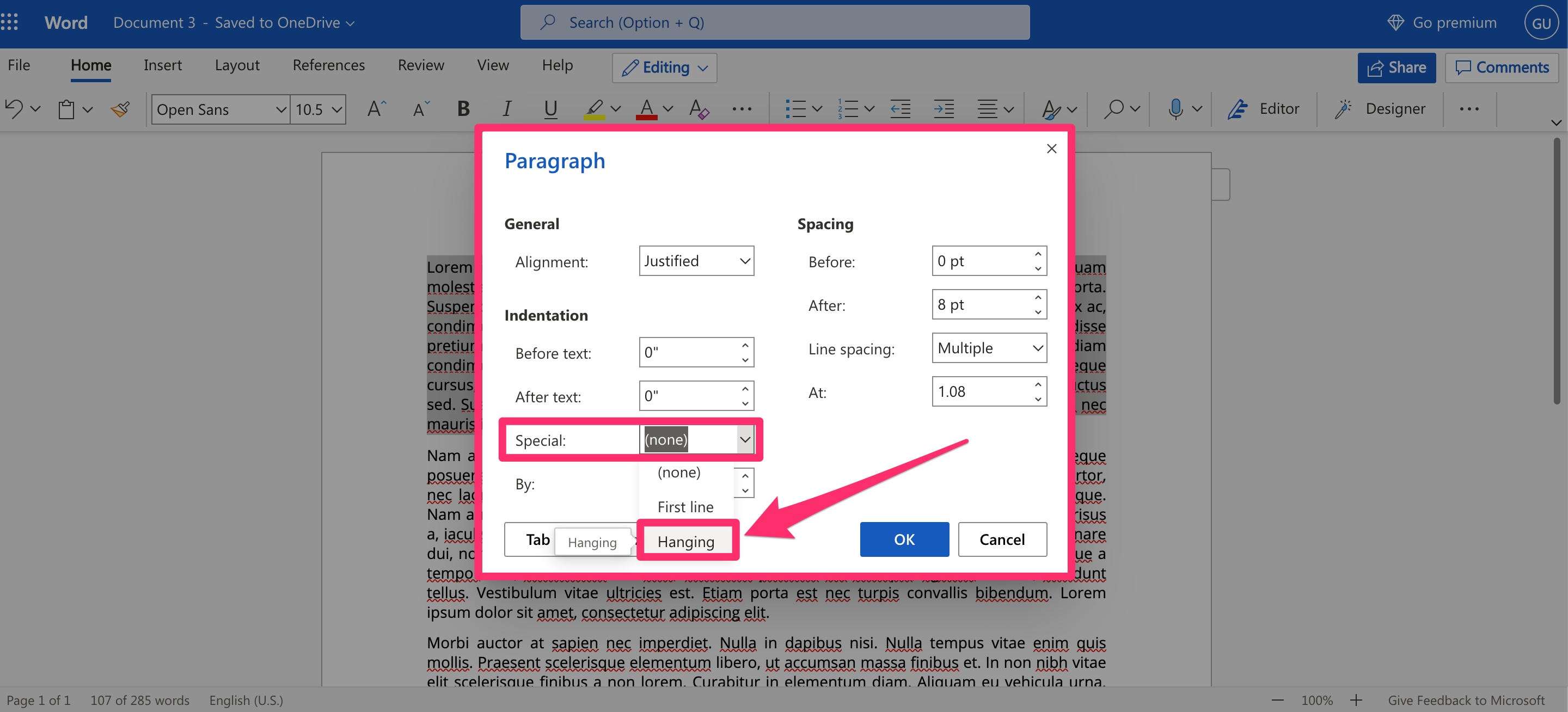 how to create hanging indent microsoft word 2016