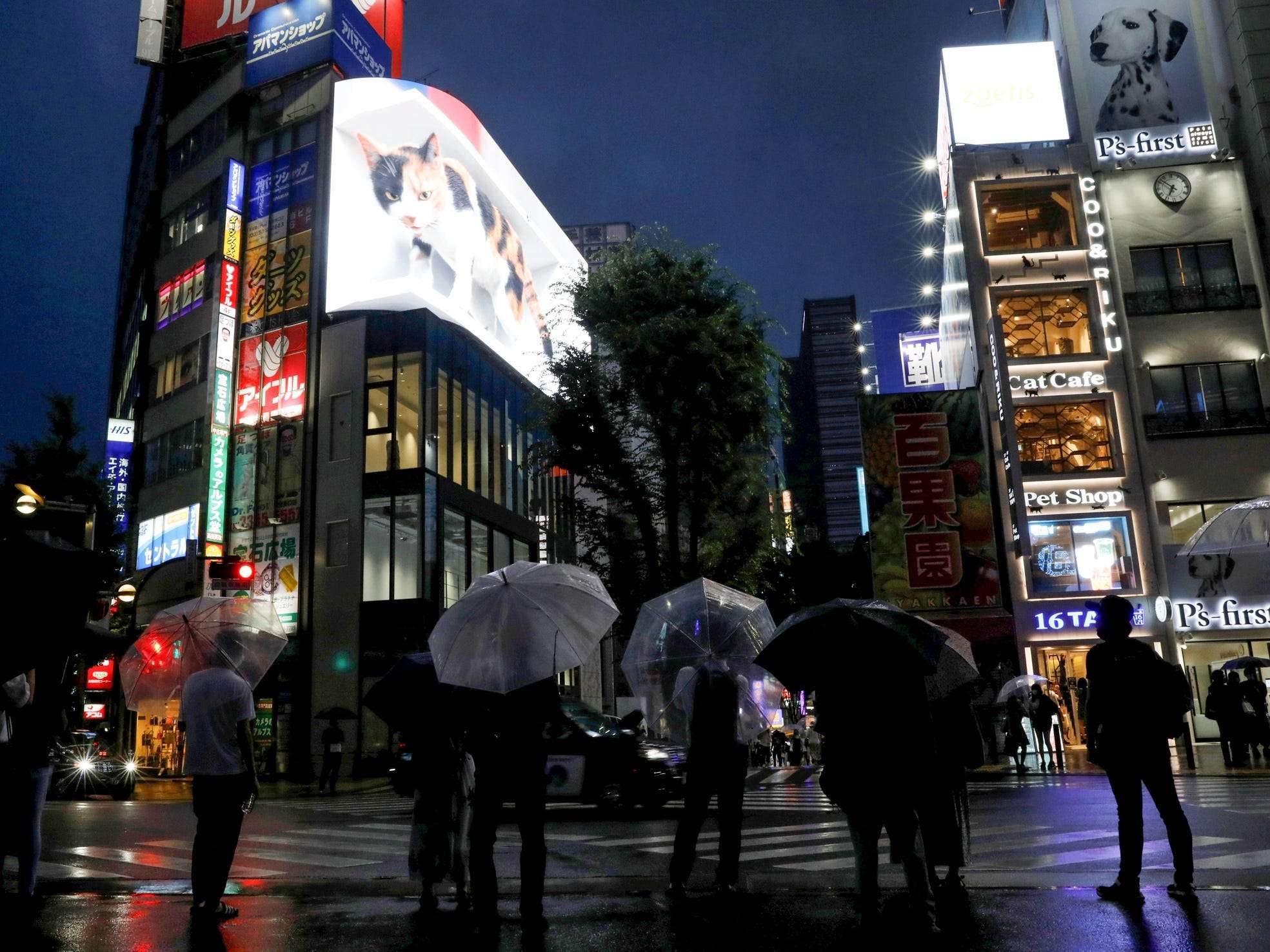 a group ofpersons watching a billboard on a street of broadway