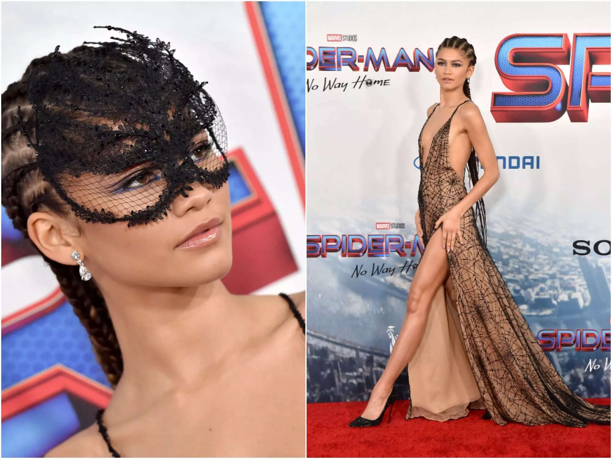Zendaya wore a spiderweb dress with thigh-high slit and matching mask at  the 'Spider-Man: No Way Home' premiere