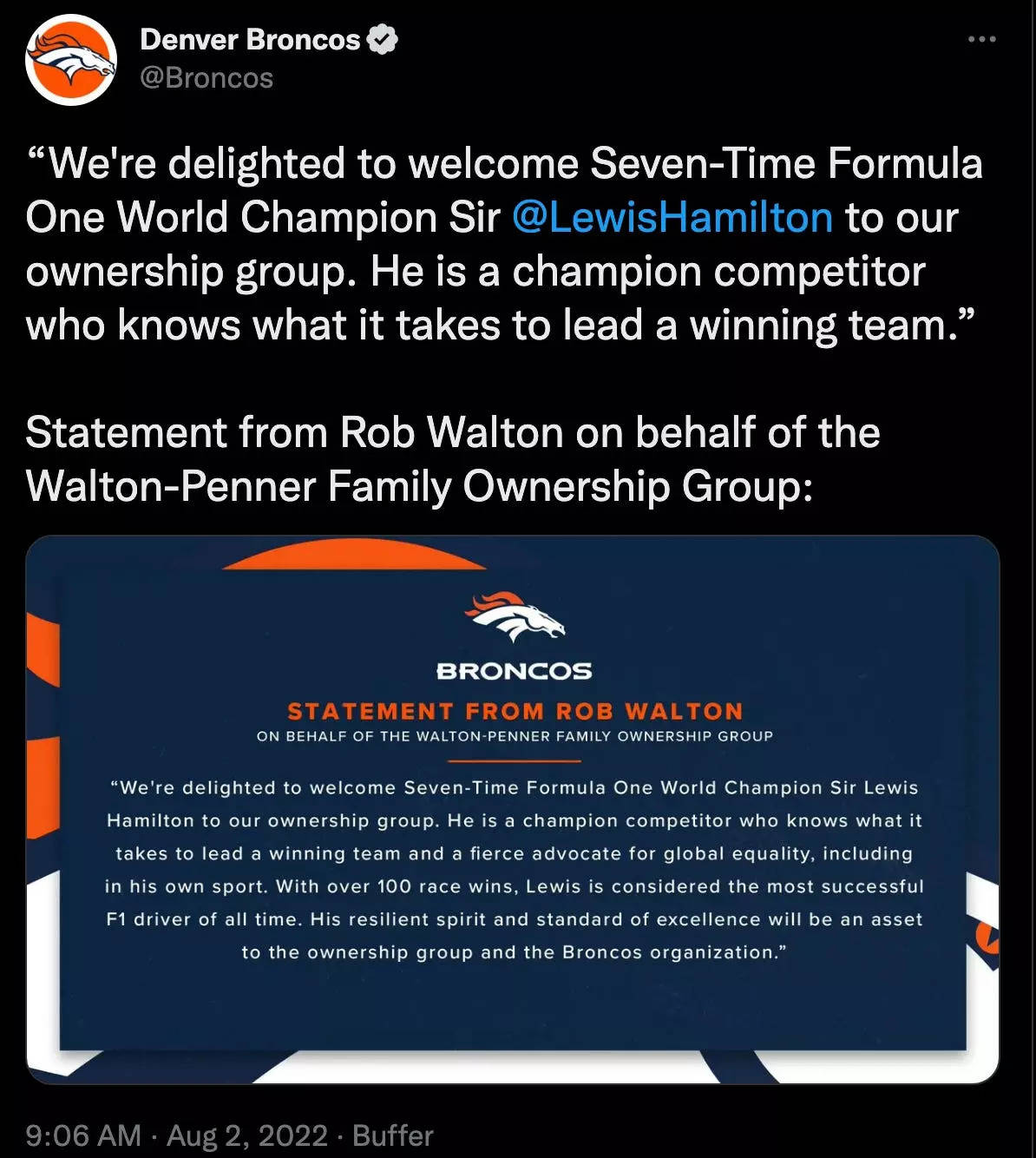 Denver Broncos: Lewis Hamilton joins incoming ownership group of