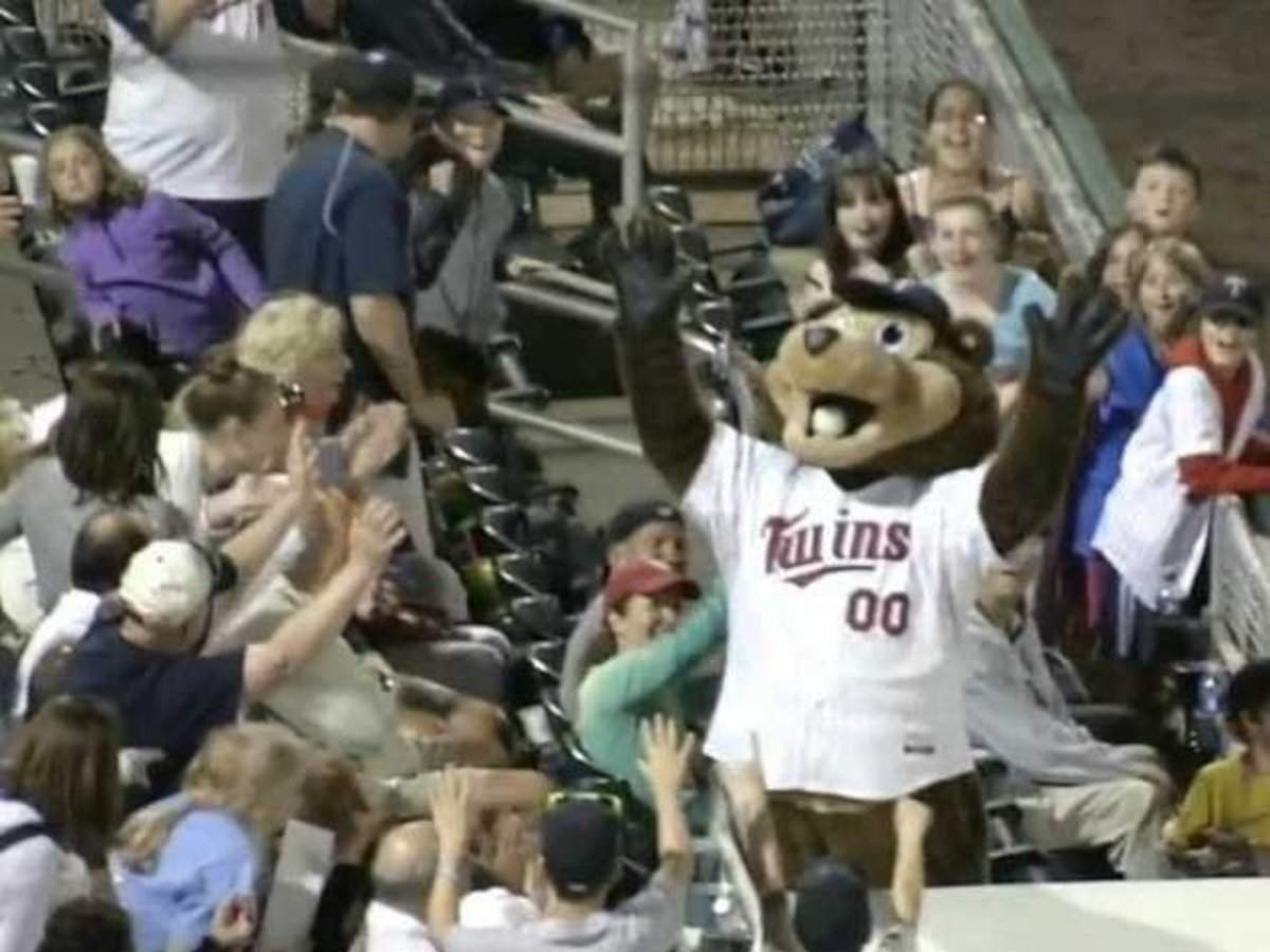 T.C., the Minnesota Twins mascot, encourages the crowd before a