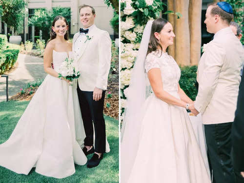 A brides custom wedding dress included a removable bodice that turned into the perfect top for her after party look