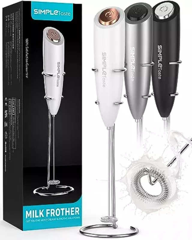 PowerLix Milk Frother Handheld Battery Operated Electric Whisk Foam Maker  For Coffee With Stainless Steel Stand Included - Metallic Black