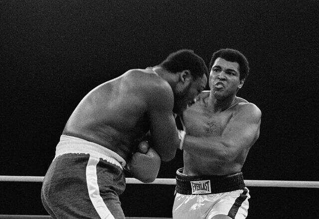 Ali is pictured here in a match-up with Joe Frazier in Manila ...