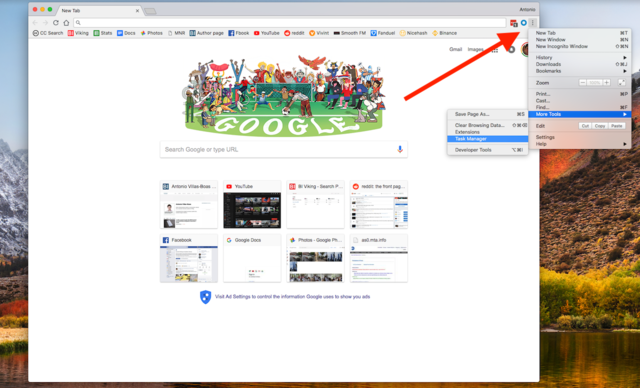 In Chrome, click the button with the three dots towards the top right of the Chrome window > More tools > Task Manager.