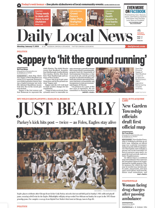 Eagles' Playoff Wild Card Win Over Bears in Newspaper Front Pages