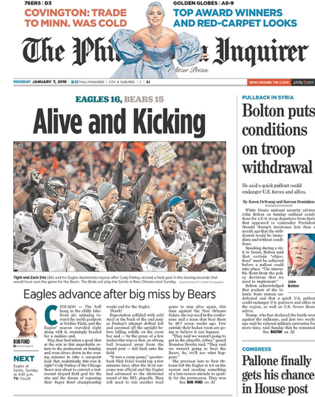 Eagles' Playoff Wild Card Win Over Bears in Newspaper Front Pages