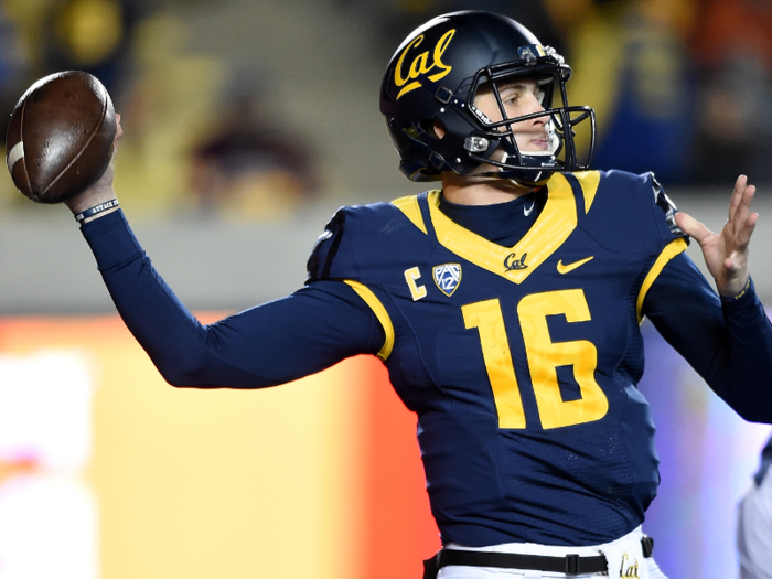 Los Angeles Rams quarterback Jared Goff (16) off balance after